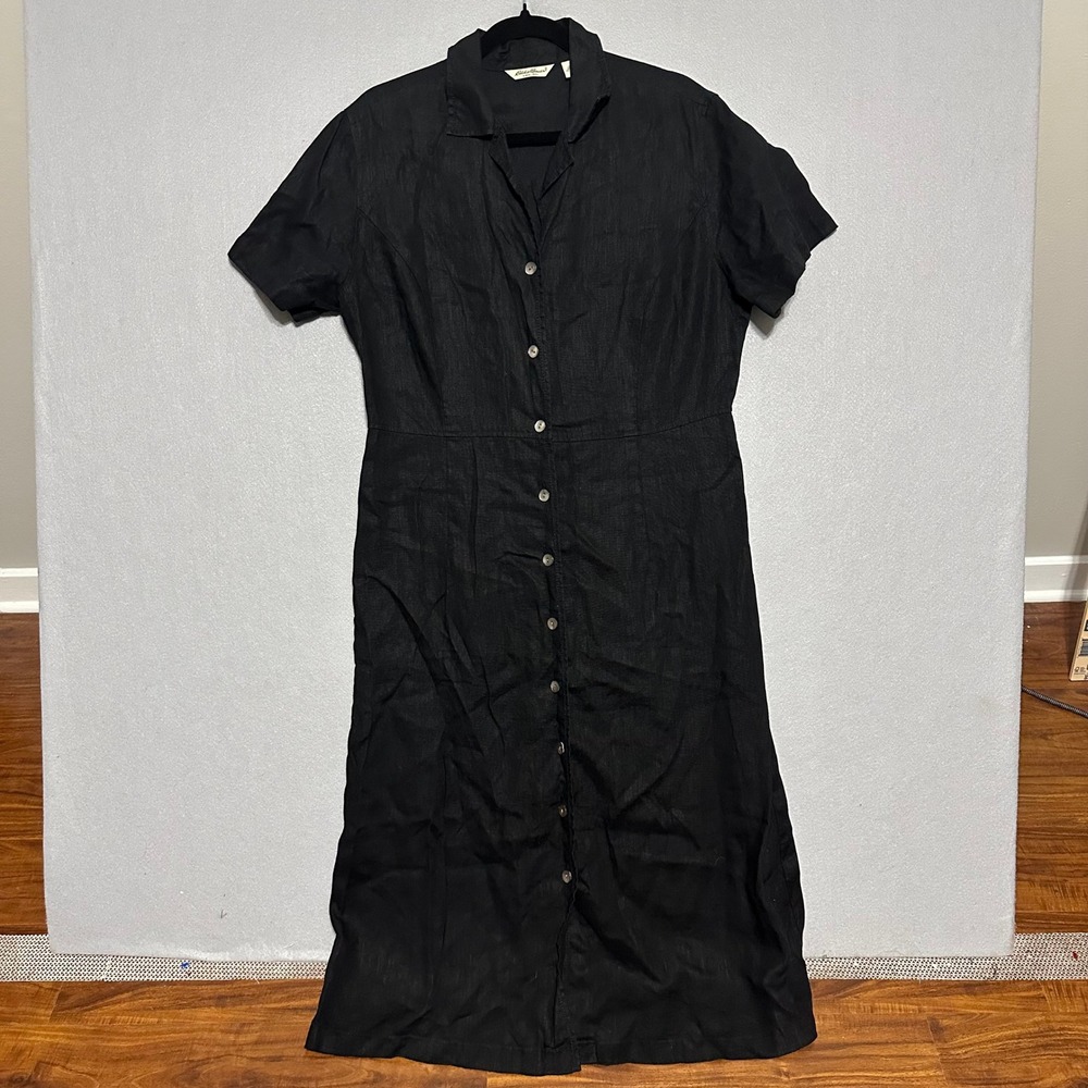 Eddie Bauer Women Black 100% Linen Button Front Normcore Midi Dress Size 16